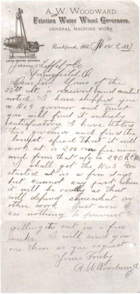 1887 letter showing Elmer Woodward's new grinder for lathes.